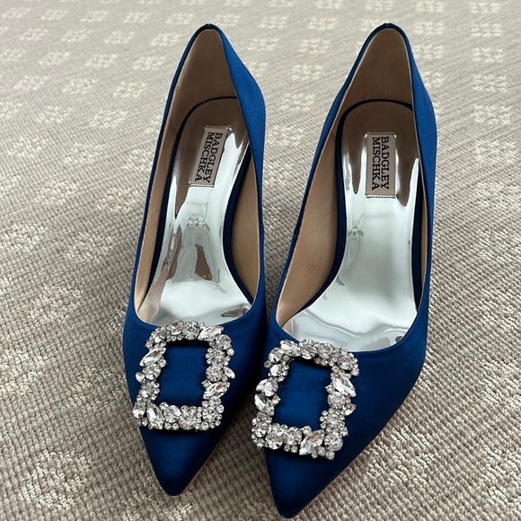 Navy satin kitten heels with jewel detail